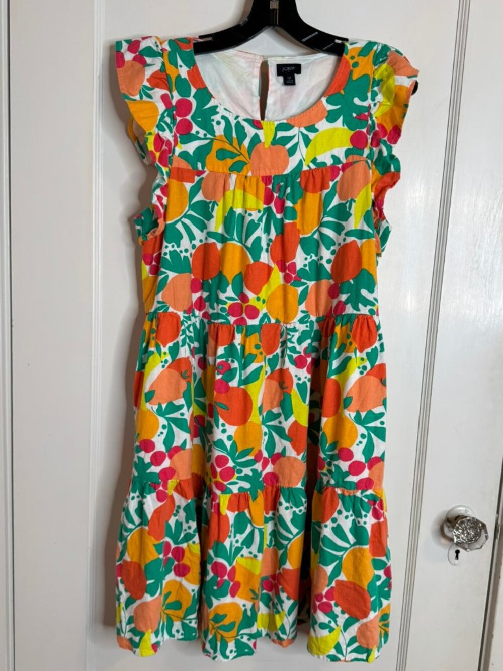 J Crew Tiered Linen Blend Colorful Fruit Citrus Print Sundress sz 12